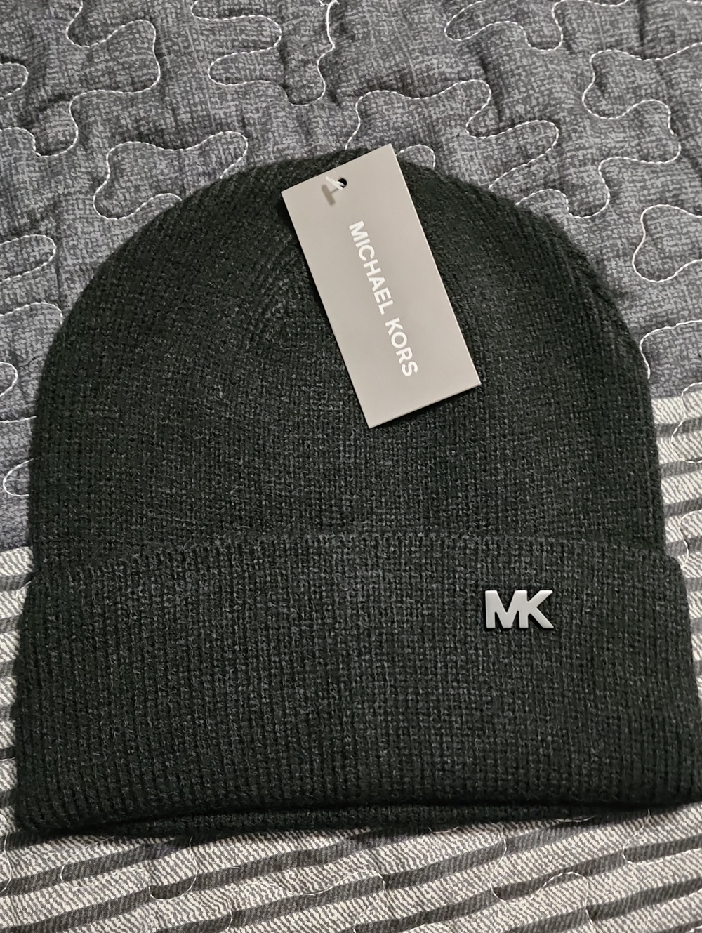 Michael Kors Black Ribbed MK Cuff Beanie